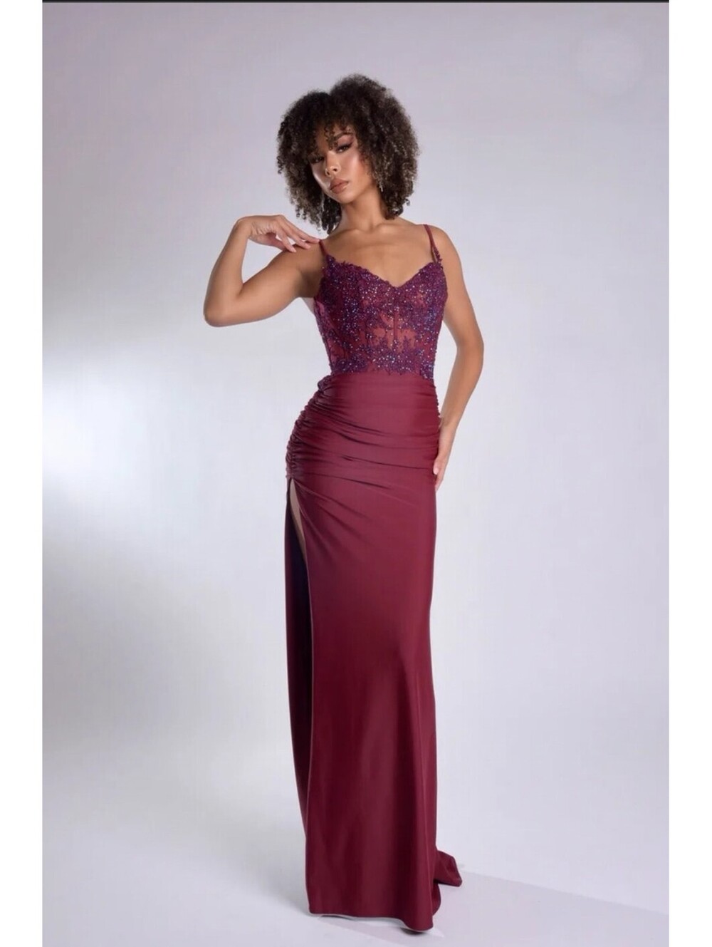 Size 0 Wine Burgundy Prom Dress Beaded Bodice high-thigh slit Open Back Prom
